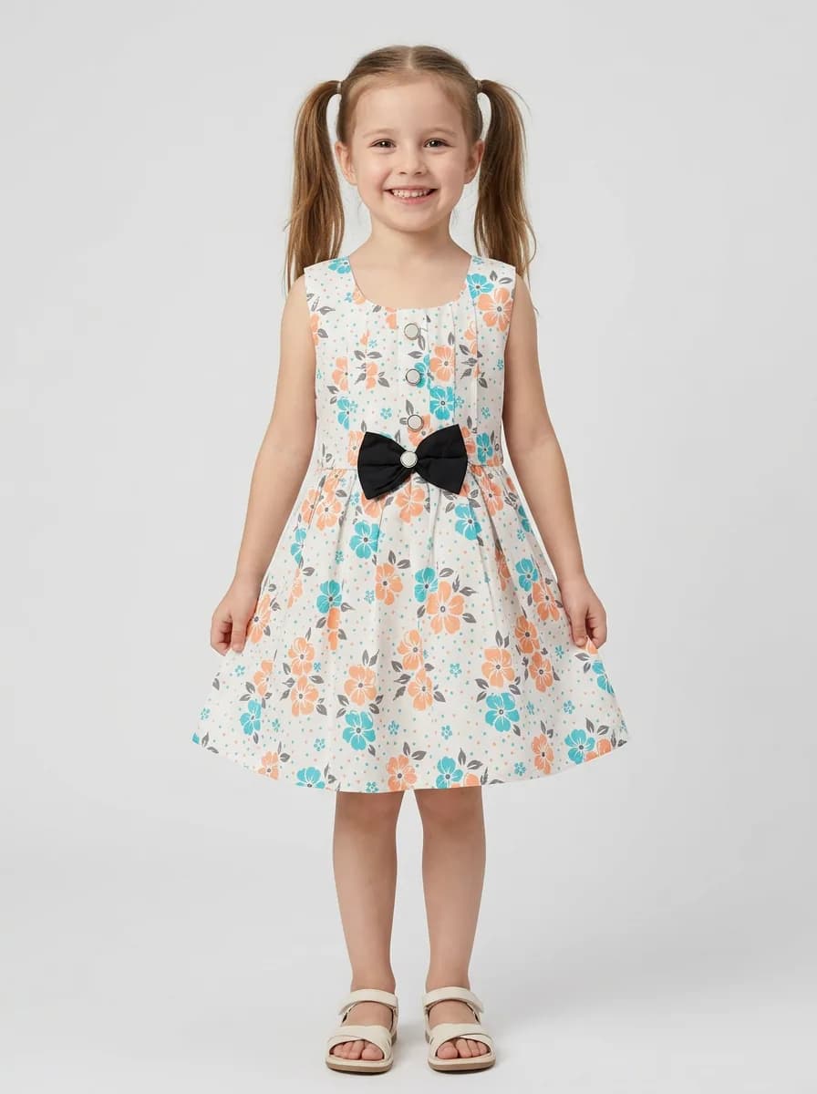 Girls White Floral Print Sleeveless Frock with Black Bow Accent