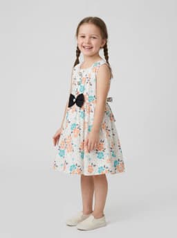 Girls White Floral Print Sleeveless Frock with Black Bow Accent
