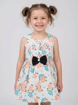 Girls White Floral Print Sleeveless Frock with Black Bow Accent
