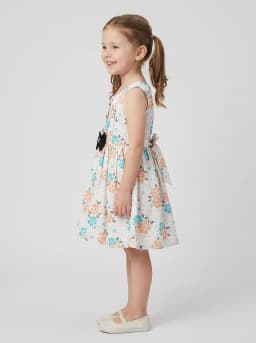 Girls White Floral Print Sleeveless Frock with Black Bow Accent