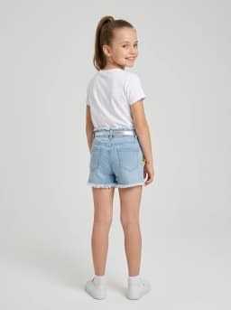 Girls Light Wash Ripped Denim Shorts with Charm and Belt