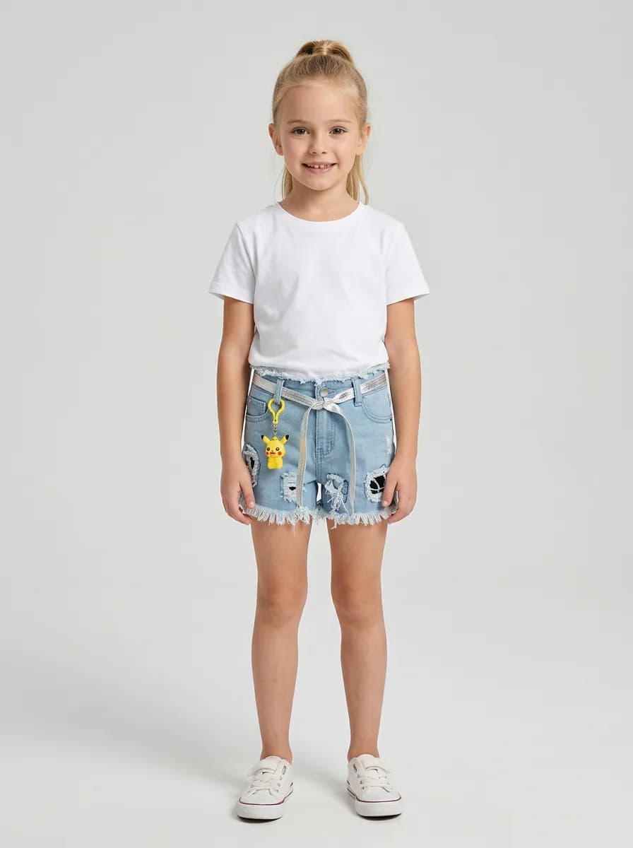 Girls Light Wash Ripped Denim Shorts with Charm and Belt
