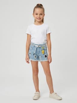 Girls Light Wash Ripped Denim Shorts with Charm and Belt