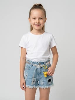 Girls Light Wash Ripped Denim Shorts with Charm and Belt