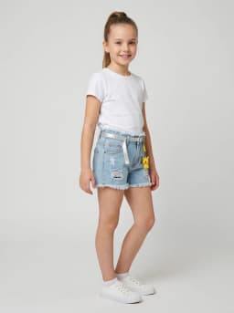 Girls Light Wash Ripped Denim Shorts with Charm and Belt
