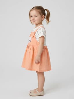 Girls Peach Cat Pinafore Dress and White Printed T-Shirt Set