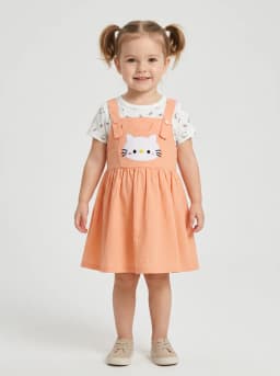 Girls Peach Cat Pinafore Dress and White Printed T-Shirt Set