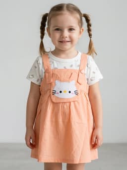 Girls Peach Cat Pinafore Dress and White Printed T-Shirt Set