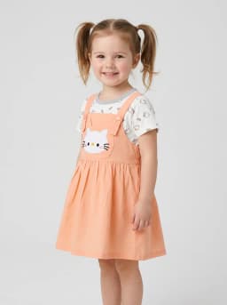 Girls Peach Cat Pinafore Dress and White Printed T-Shirt Set