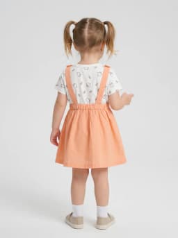 Girls Peach Cat Pinafore Dress and White Printed T-Shirt Set