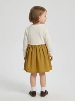 Girls Off-White and Mustard Yellow Mock Cardigan A-Line Dress
