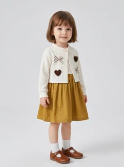 Girls Off-White and Mustard Yellow Mock Cardigan A-Line Dress
