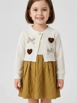 Girls Off-White and Mustard Yellow Mock Cardigan A-Line Dress