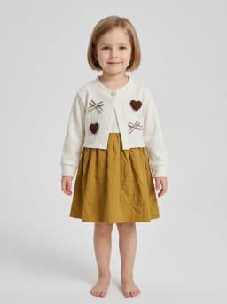 Girls Off-White and Mustard Yellow Mock Cardigan A-Line Dress