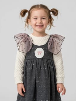 Girls Charcoal Grey and Cream Layered Pinafore Dress with Ruffles