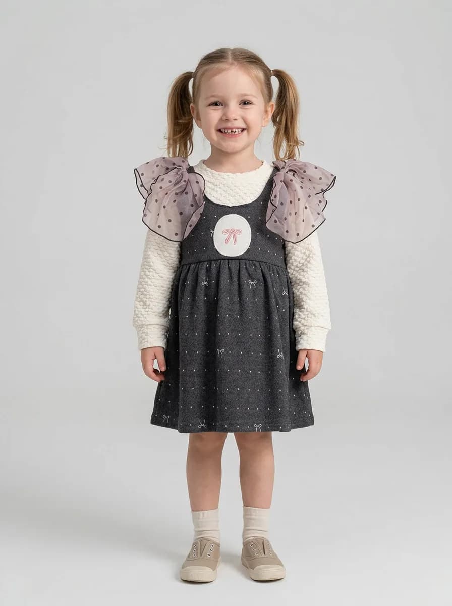 Girls Charcoal Grey and Cream Layered Pinafore Dress with Ruffles