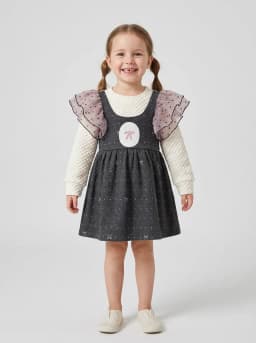 Girls Charcoal Grey and Cream Layered Pinafore Dress with Ruffles