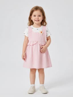 Girls Light Pink and White Strawberry Print Layered Pinafore Dress