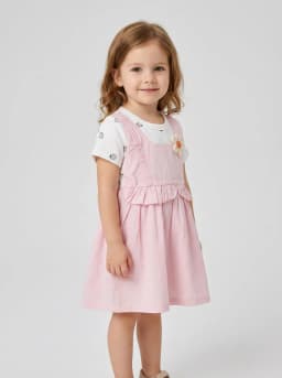 Girls Light Pink and White Strawberry Print Layered Pinafore Dress