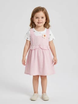 Girls Light Pink and White Strawberry Print Layered Pinafore Dress