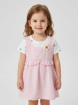 Girls Light Pink and White Strawberry Print Layered Pinafore Dress