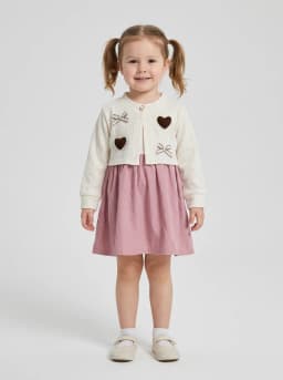 Girls Off-White and Dusty Pink Layered Dress with Heart Appliques