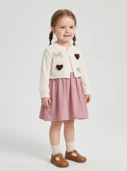 Girls Off-White and Dusty Pink Layered Dress with Heart Appliques
