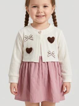 Girls Off-White and Dusty Pink Layered Dress with Heart Appliques