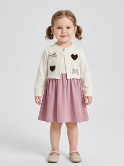 Girls Off-White and Dusty Pink Layered Dress with Heart Appliques