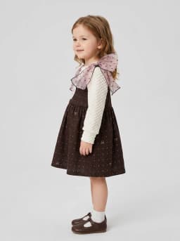 Girls Off-White and Dark Brown 2-in-1 Pinafore Dress with Sheer Shoulder Bows