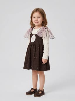 Girls Off-White and Dark Brown 2-in-1 Pinafore Dress with Sheer Shoulder Bows
