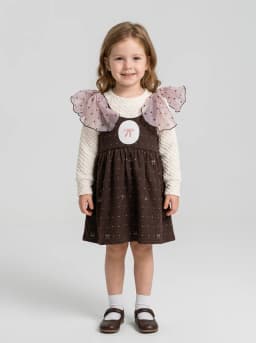 Girls Off-White and Dark Brown 2-in-1 Pinafore Dress with Sheer Shoulder Bows