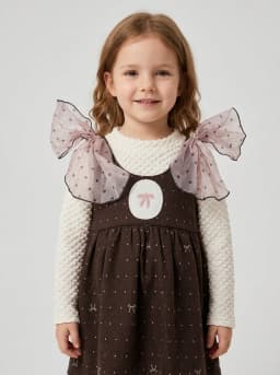 Girls Off-White and Dark Brown 2-in-1 Pinafore Dress with Sheer Shoulder Bows