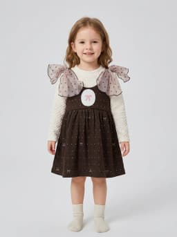 Girls Off-White and Dark Brown 2-in-1 Pinafore Dress with Sheer Shoulder Bows