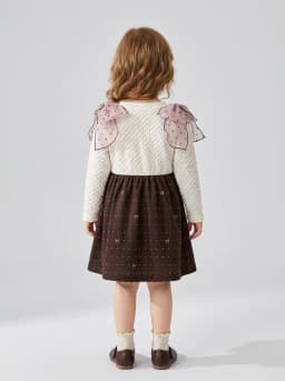 Girls Off-White and Dark Brown 2-in-1 Pinafore Dress with Sheer Shoulder Bows
