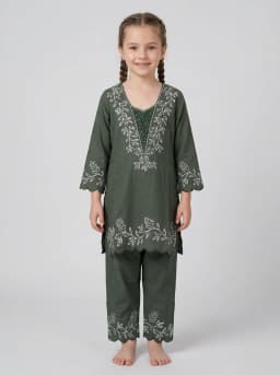 Girls Olive Green Embroidered Kurta and Trouser Set