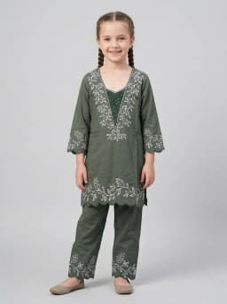 Girls Olive Green Embroidered Kurta and Trouser Set