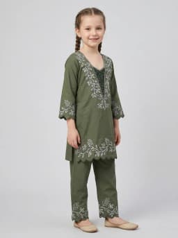 Girls Olive Green Embroidered Kurta and Trouser Set