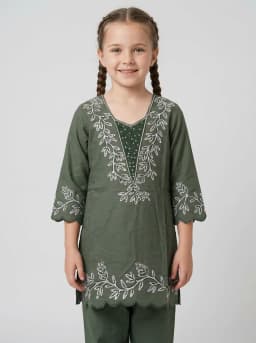 Girls Olive Green Embroidered Kurta and Trouser Set