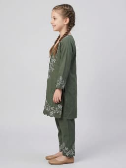 Girls Olive Green Embroidered Kurta and Trouser Set