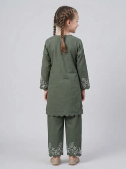 Girls Olive Green Embroidered Kurta and Trouser Set