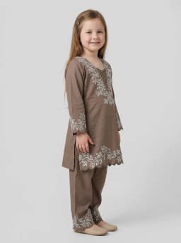 Girls Taupe Brown Embroidered Kurta and Trouser Set