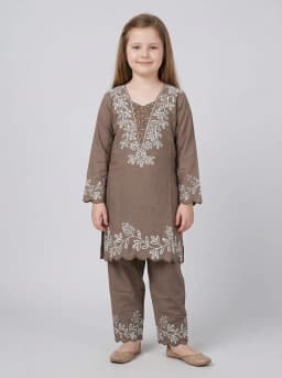 Girls Taupe Brown Embroidered Kurta and Trouser Set