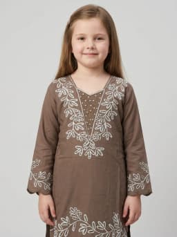 Girls Taupe Brown Embroidered Kurta and Trouser Set