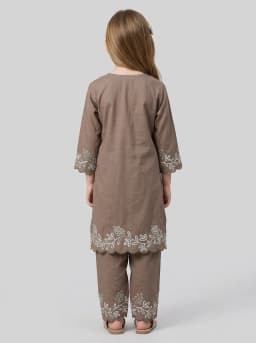 Girls Taupe Brown Embroidered Kurta and Trouser Set