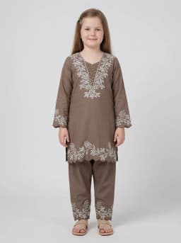Girls Taupe Brown Embroidered Kurta and Trouser Set