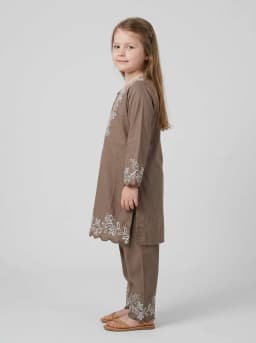 Girls Taupe Brown Embroidered Kurta and Trouser Set