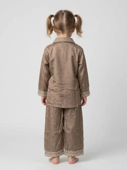 Girls Taupe Brown Embroidered Short Kurti and Pant Set with Bow Brooch