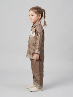 Girls Taupe Brown Embroidered Short Kurti and Pant Set with Bow Brooch
