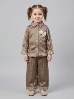 Girls Taupe Brown Embroidered Short Kurti and Pant Set with Bow Brooch